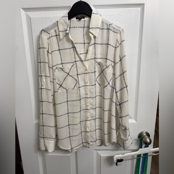 Express Tops - Express Portofino Ivory Black Windowpane Blouse M button up shirt semi sheer